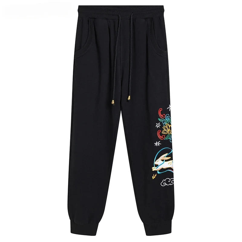 

Chinese Style Sports Sweatpants Daily Wear Joggers Track Pants Men's Casual Black Trousers 2025 Rabbit Embroidery