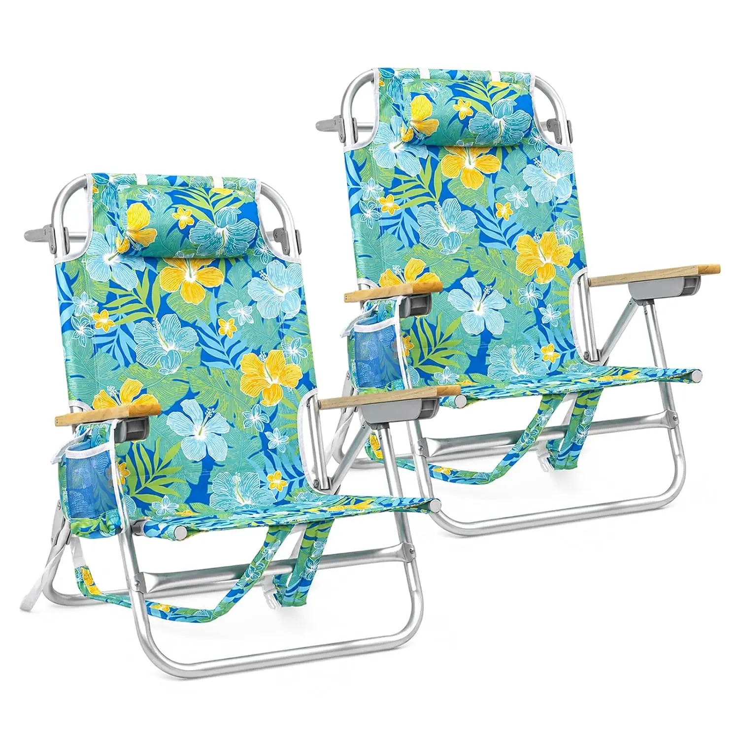 2 Pack Backpack Beach Chair 300 LBS 5-Position Low Reclining Lay Flat Aluminum Folding Lightweight with Pouch Straps, Customized