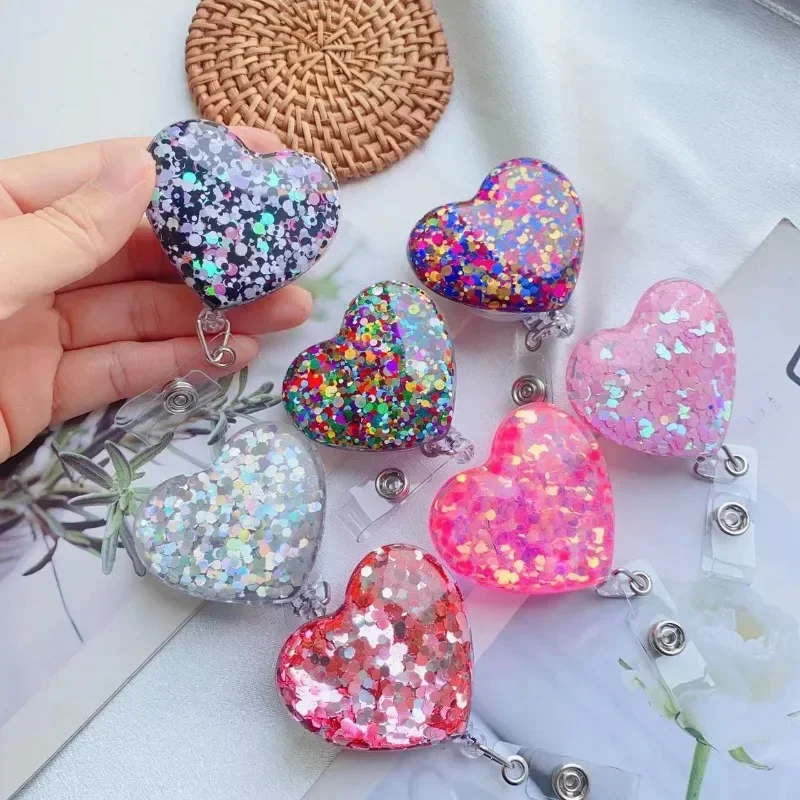 1 Piece Glitter Retractable Badge Reel for Women Fashion Creative Design Nurse ID Card Badge Holder Employee Card Alligator Clip