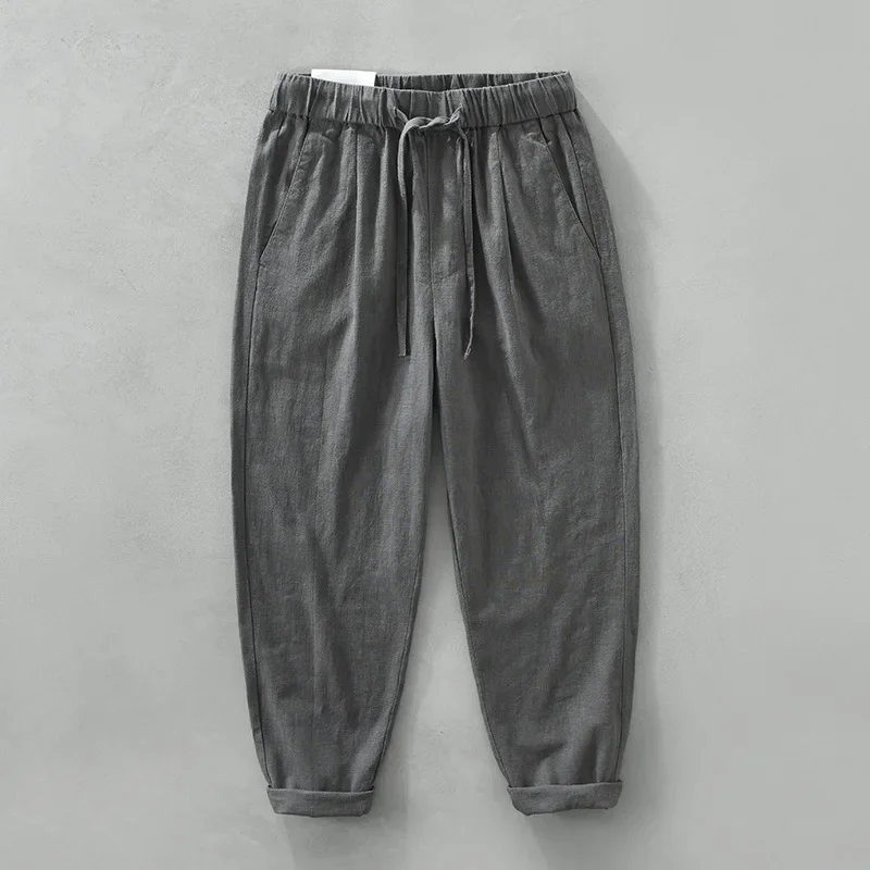 Pantaloni di lino in cotone affusolato Pantaloni casual da spiaggia estivi da uomo Pantaloni in vita elastica con coulisse solida Pantaloni larghi retrò giapponesi