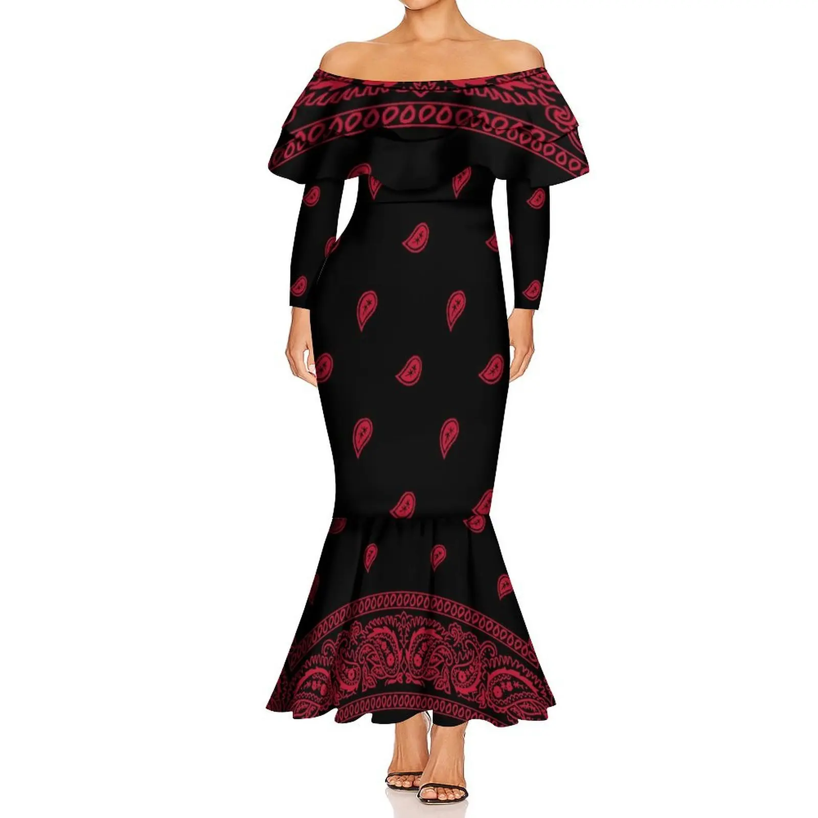 Vestido rabo de peixe com babados, manga comprida, gola única, camada dupla, para mulheres, verão, bandana, havaí, vestido de festa personalizado