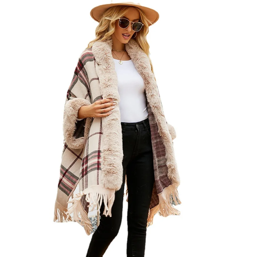 Plaid Faux Fur Coat Hooded Poncho Cape Loose Plus Size Autumn And Winter Fast Delivery Shawl Woolen Knitting Tassel Coats Women