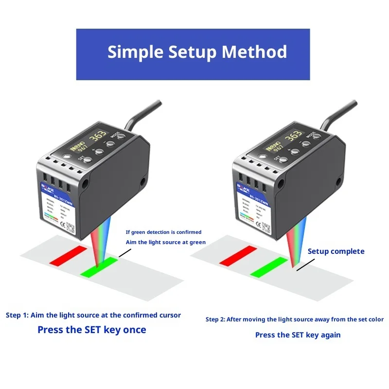 BS-201ZWN Farbsensor, 3-Farben-LED-Lichtschrankensensor mit RGB-Farbmarkierung