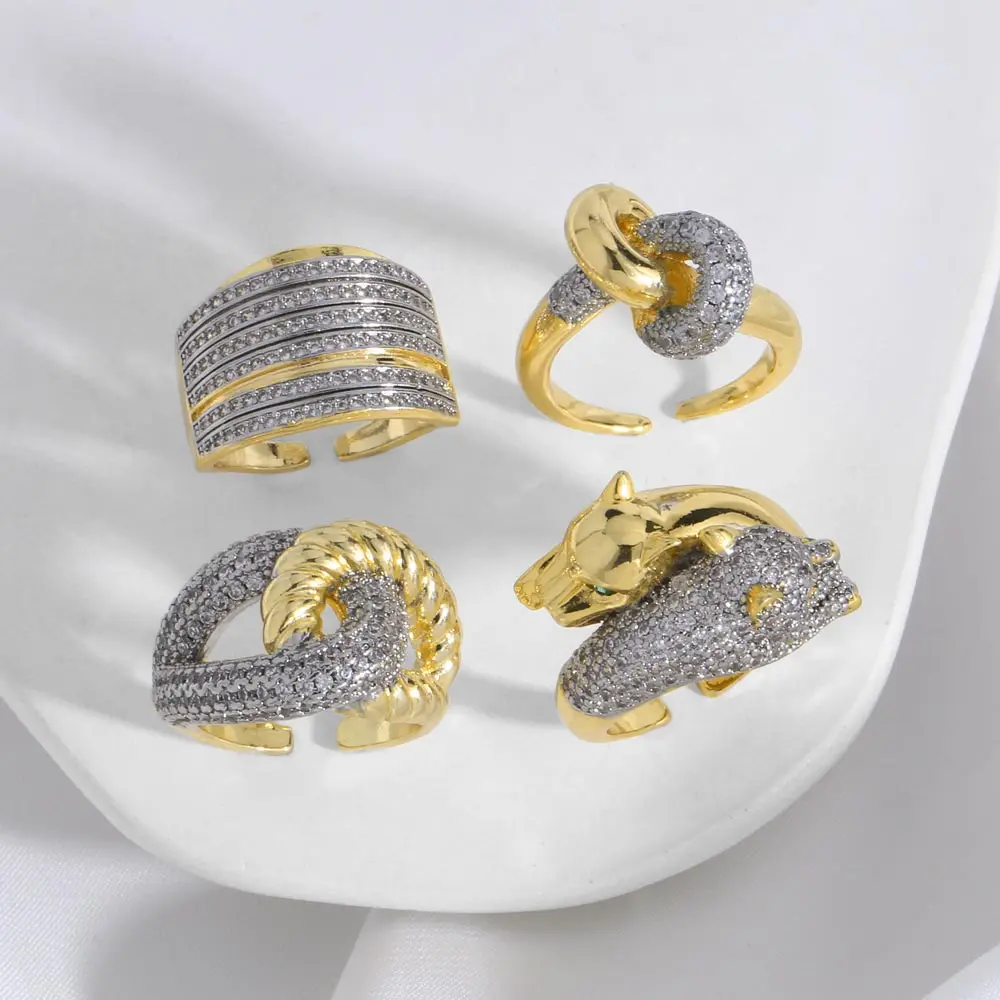Ocesrio moda branco cristal leopardo anéis de declaração para mulheres cobre banhado a ouro crossover anel aberto jóias presente rigs89