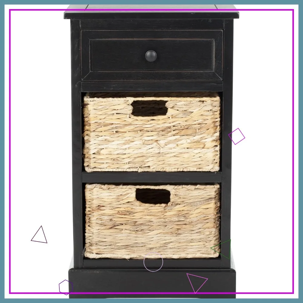 Distressed Black Wicker Nightstand with 3 Drawers - Fully Assembled Solid Pine Wood Side Table