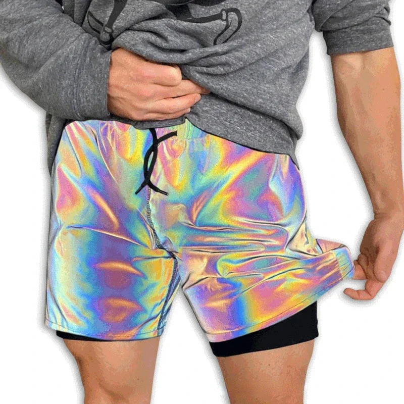 

Boys and Girls Magic Reflective Shorts Mens Hip-hop Luminous Jogging Shorts Tight Lace Up Running Yoga Fitness Shorts Sportswear