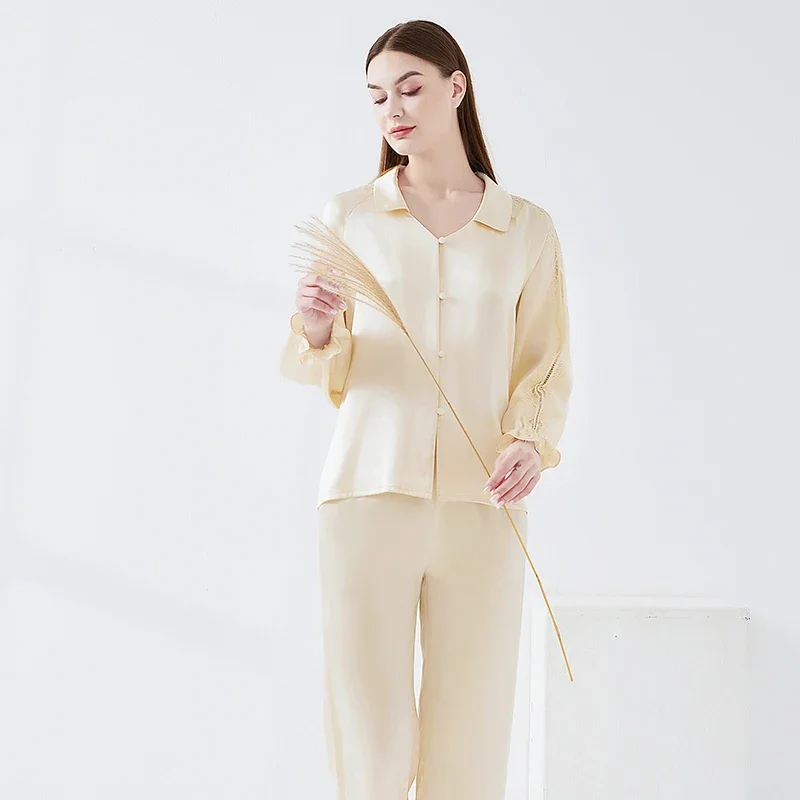 Lace Raglan Sleeve Mulberry Silk Long Sleeve and Trousers Pajama Set Lapel Button Cardigan Pajamas Comfortable Home Loungewear