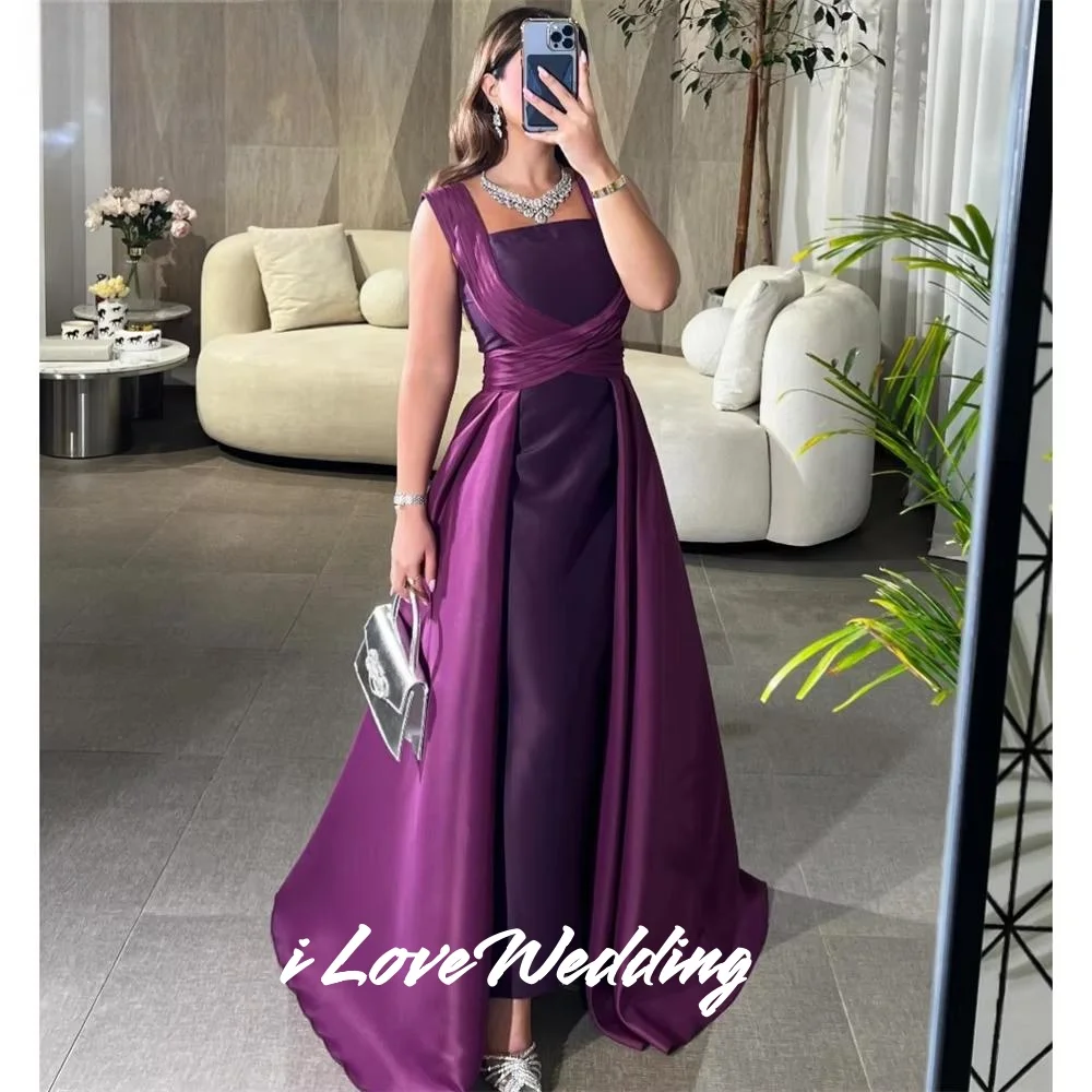 

Purple Square Neck Prom Dresses 2025 Satin Sleeveless A-line Ankle-length Pleated Evening Dresses Wedding Party Dress Customized
