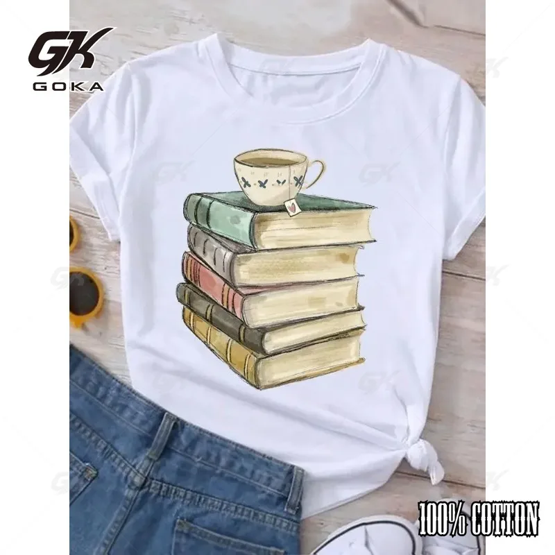 Fashion Cotton T-shirt Book Coffee Trend New 90s Clothing Summer Short Sleeve Women Print Casual Clothes Tee T-shirt Female Top