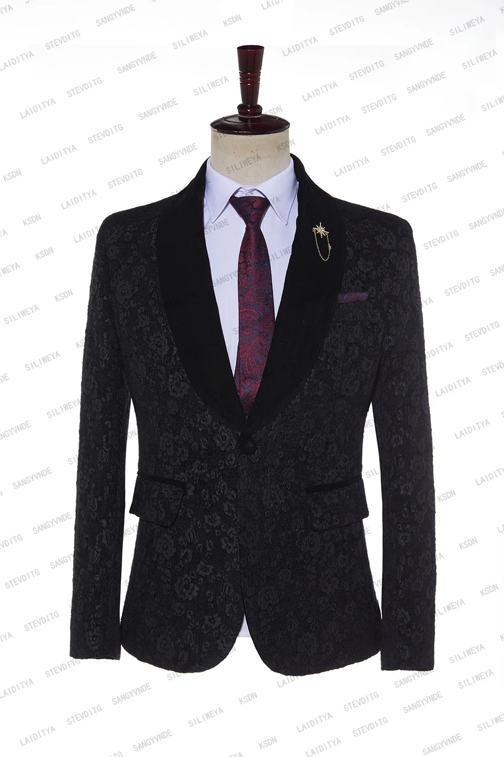 2023 New Fahion Men Black Velvet Flower Pattern Business Casual Wedding Party Jacket Male Fashion Slim Fit Suit Blazer Coat