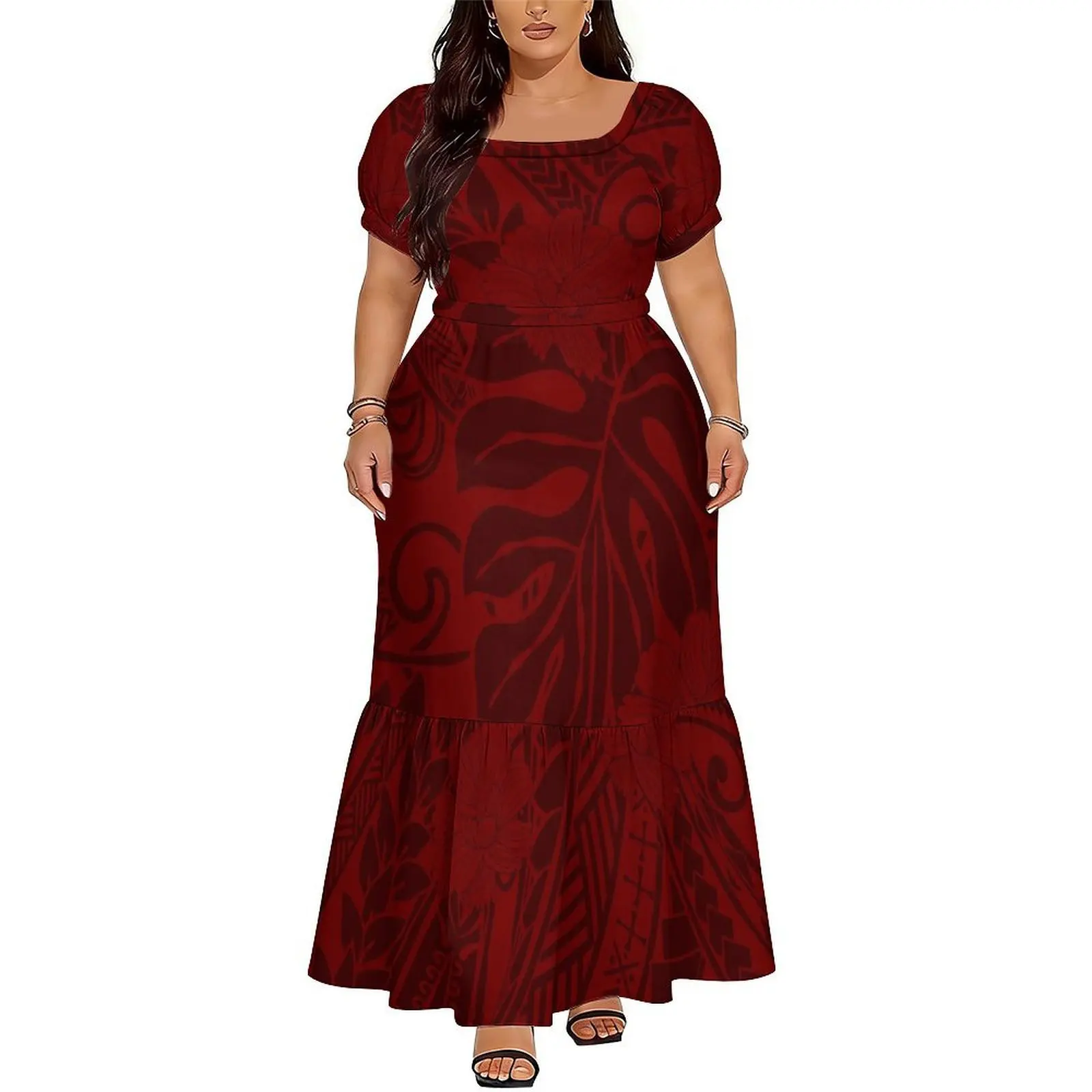 High-Quality Women's Short-Sleeved Dress In Polynesian Samoa Island Style High-Waisted Long Dress Floor-Length Evening Gown