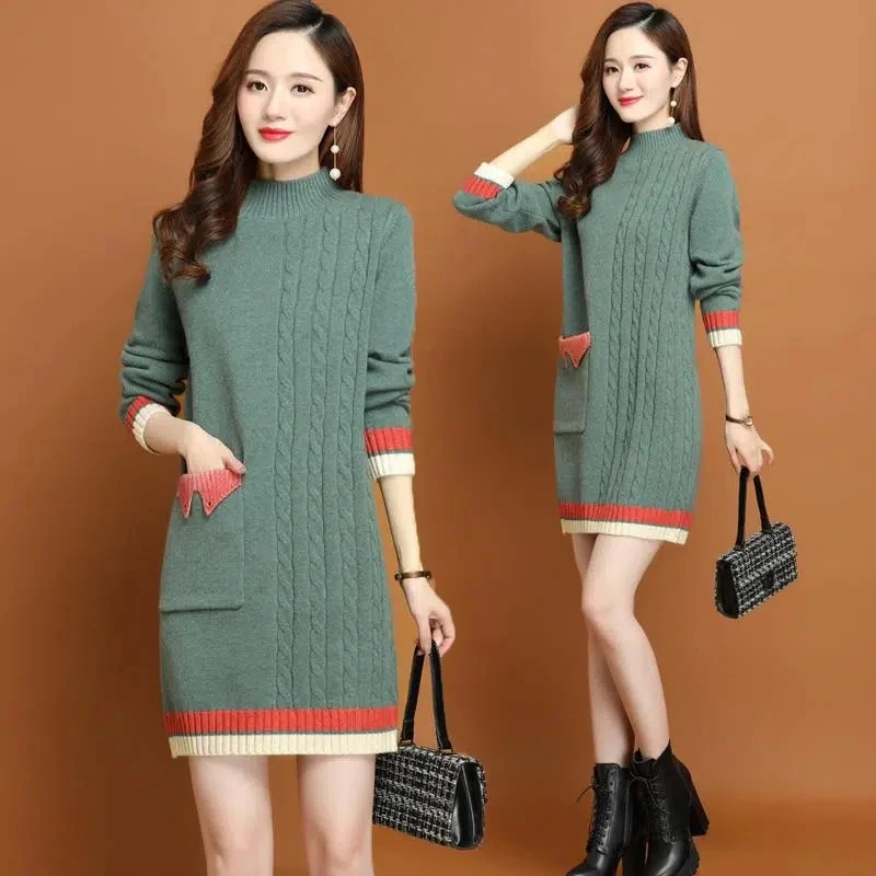 Autumn Women Sweater Pullover 2022 New Color Matching Half Turtleneck Long Knitted Sweater Female Winter Fleece Warm Jumper Tops