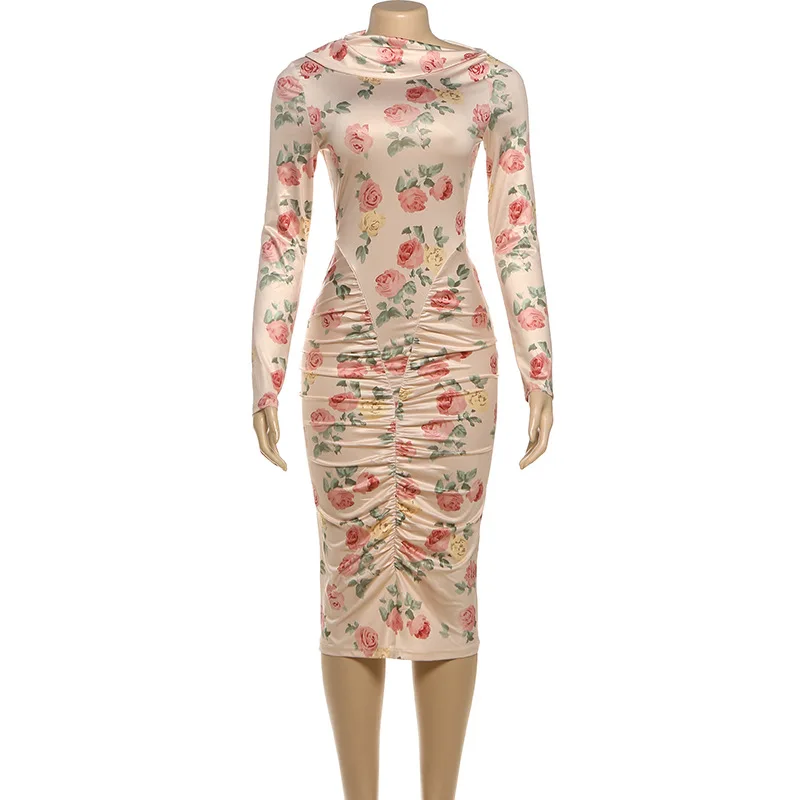 花柄プリント ラッフル ボディコン ミディドレス レディース エレガント フレンチスタイル 斜め襟 長袖 スリム バースデーパーティー 衣装 ストリートウェア