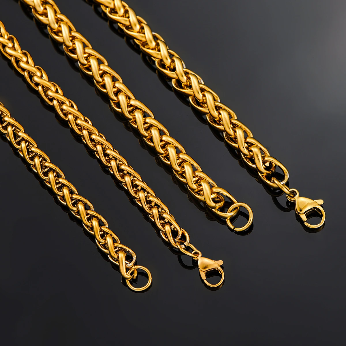 Thickness 3mm/4mm/5mm/6mm/7mm Gold Color Wheat Braided Stainless Steel Necklace Link Classic Curb Chain for Men Women Jewelry