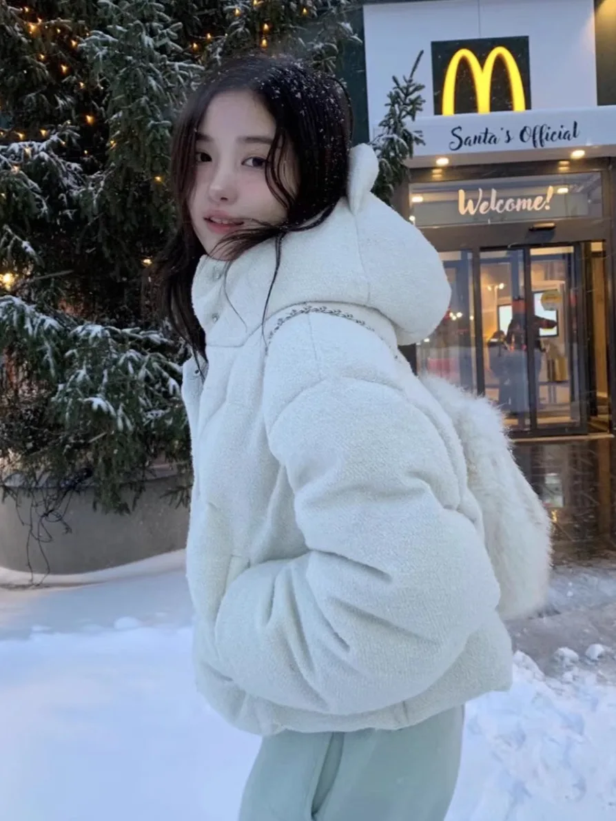 

Smoid Winter Thiened Woolen Coat White Du down Jaet Warm ort Loose Fit Hat Design Faionable Bitter Sweet Sle