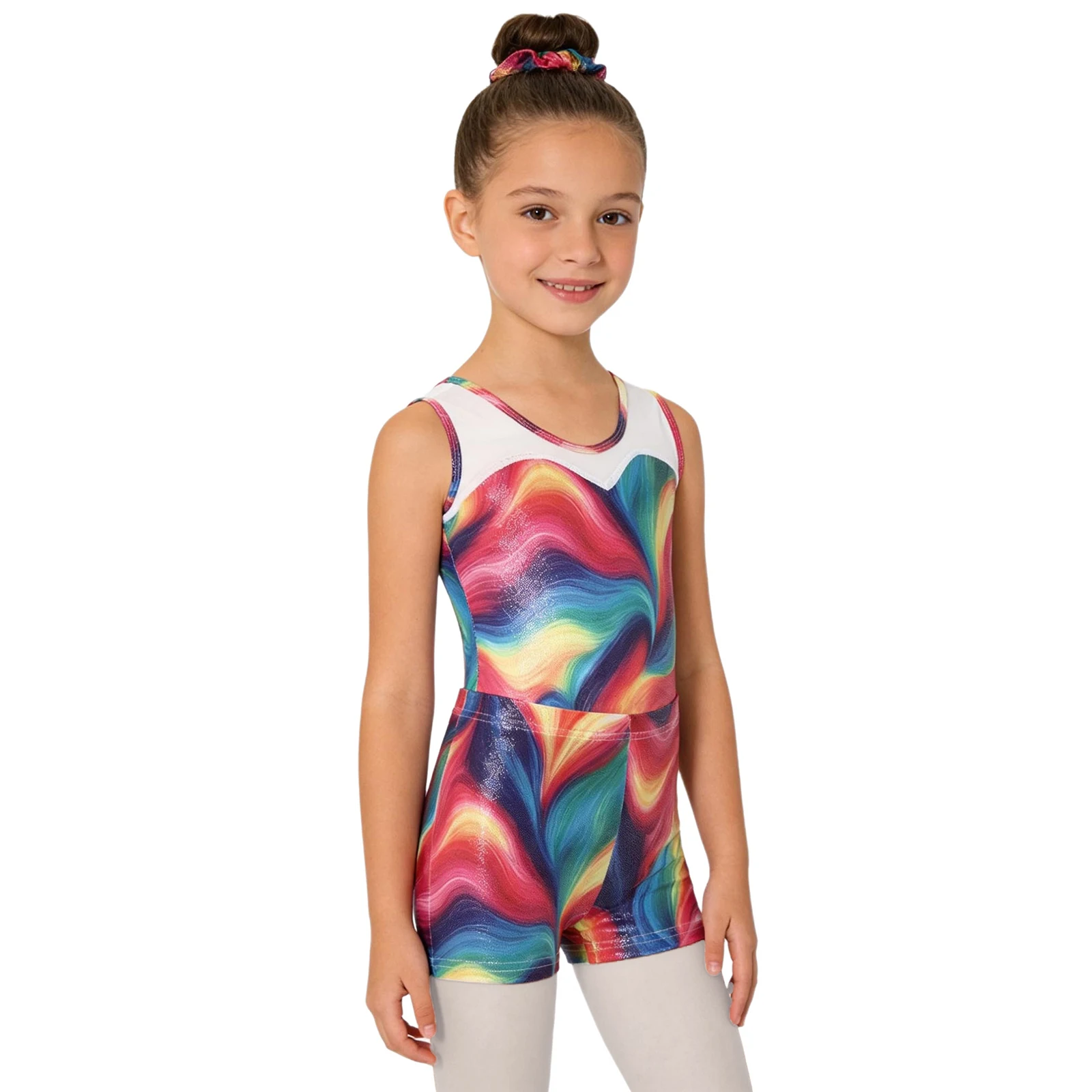 Child Dance Unitards for Girls Printed Metallic Gymnastics Ballet Dance Outfit Sleeveless Leotard with Shorts Kids Jumpsuits