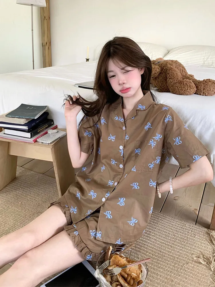 

Retro Women's Sleepwear Sweet Knot Short Sleeve Turn-down Collar Cardigan Summer Home Clothes Set Floral Print Cotton