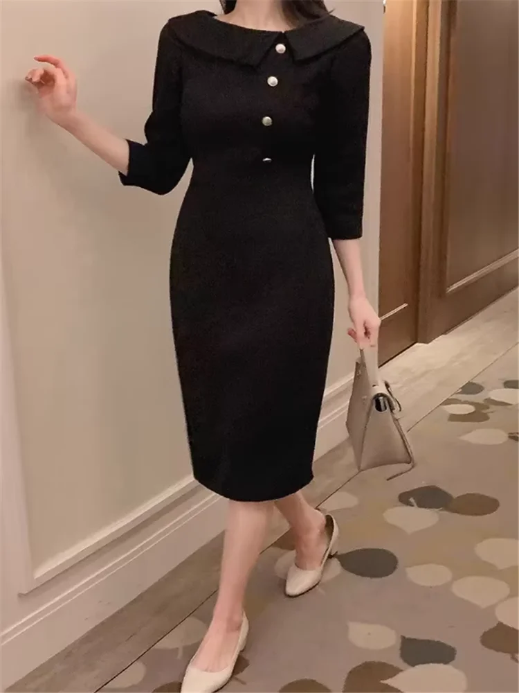 ブラックピンク エレガント レディース 七分袖 スリム ストレート ミディ丈ワンピース 秋新作 セレブ風 ドールカラー ボディコン ワークドレス