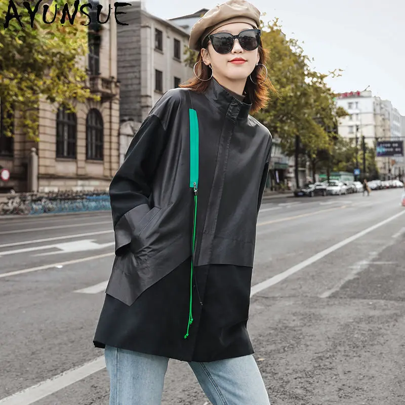 AYUNSUE-Chaqueta de cuero auténtico para mujer, abrigo de piel de oveja auténtica de longitud media, rompevientos, chaquetas informales sueltas, otoño e invierno, 2023