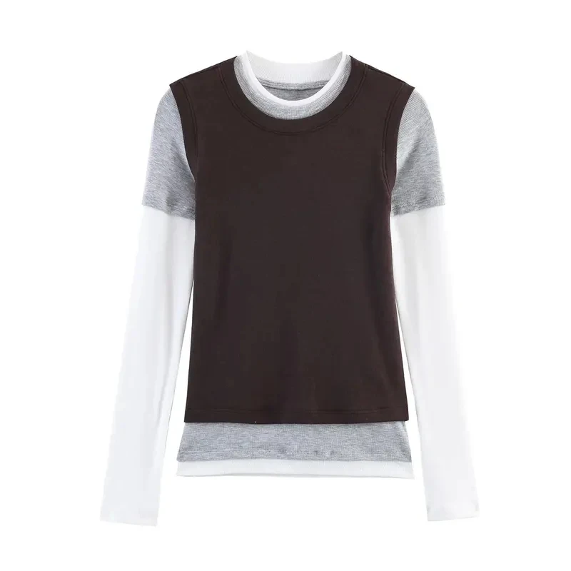 

Новая модная женская футболка с длинным рукавом в американском ретро-стиле, приталенная, с контрастными вставками, тройным эффектом, коллекция Весна-Лето 2026