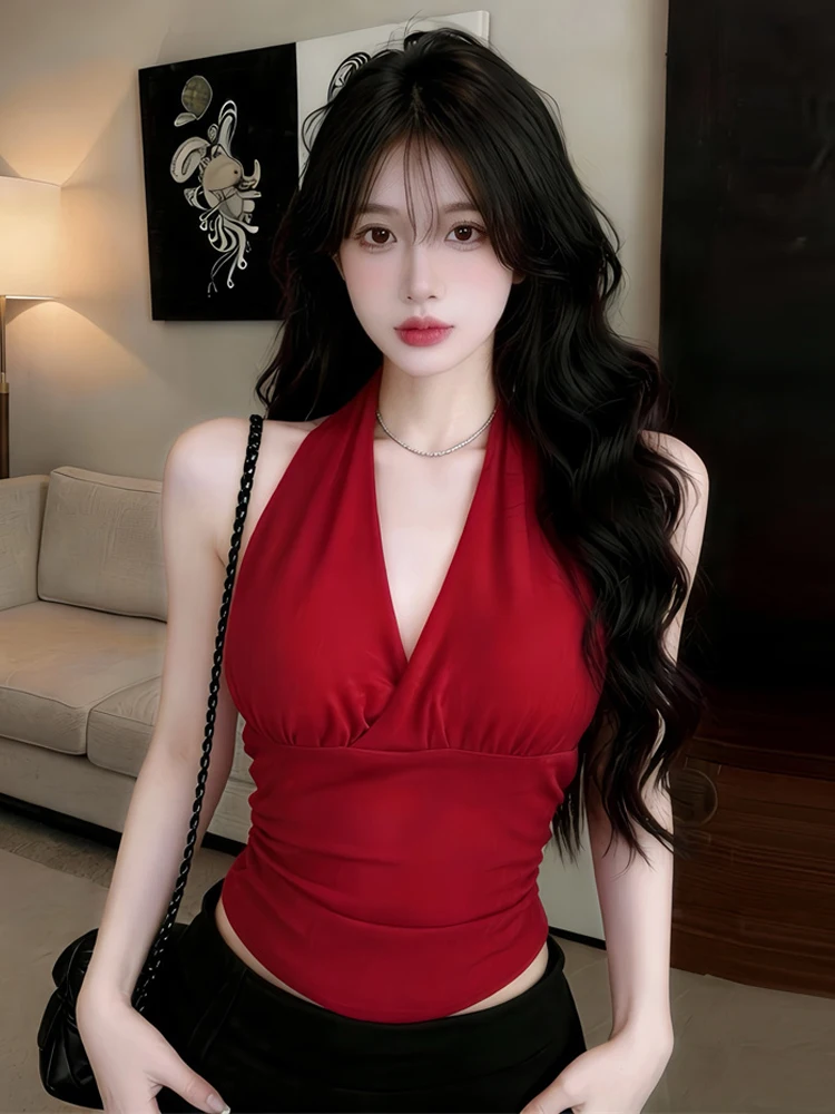 Sexy V-Neck Backless Vest with Chest Pad Trendy Slimming Design Breathable Casual Short Top for Young Women Summer Fashion