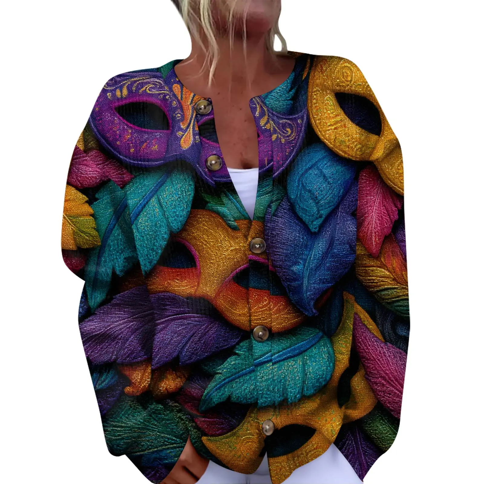 여성 패션 페스티벌 프린트 긴팔 니트 가디건 버튼 프론트 자켓 여성 코트 겨울용