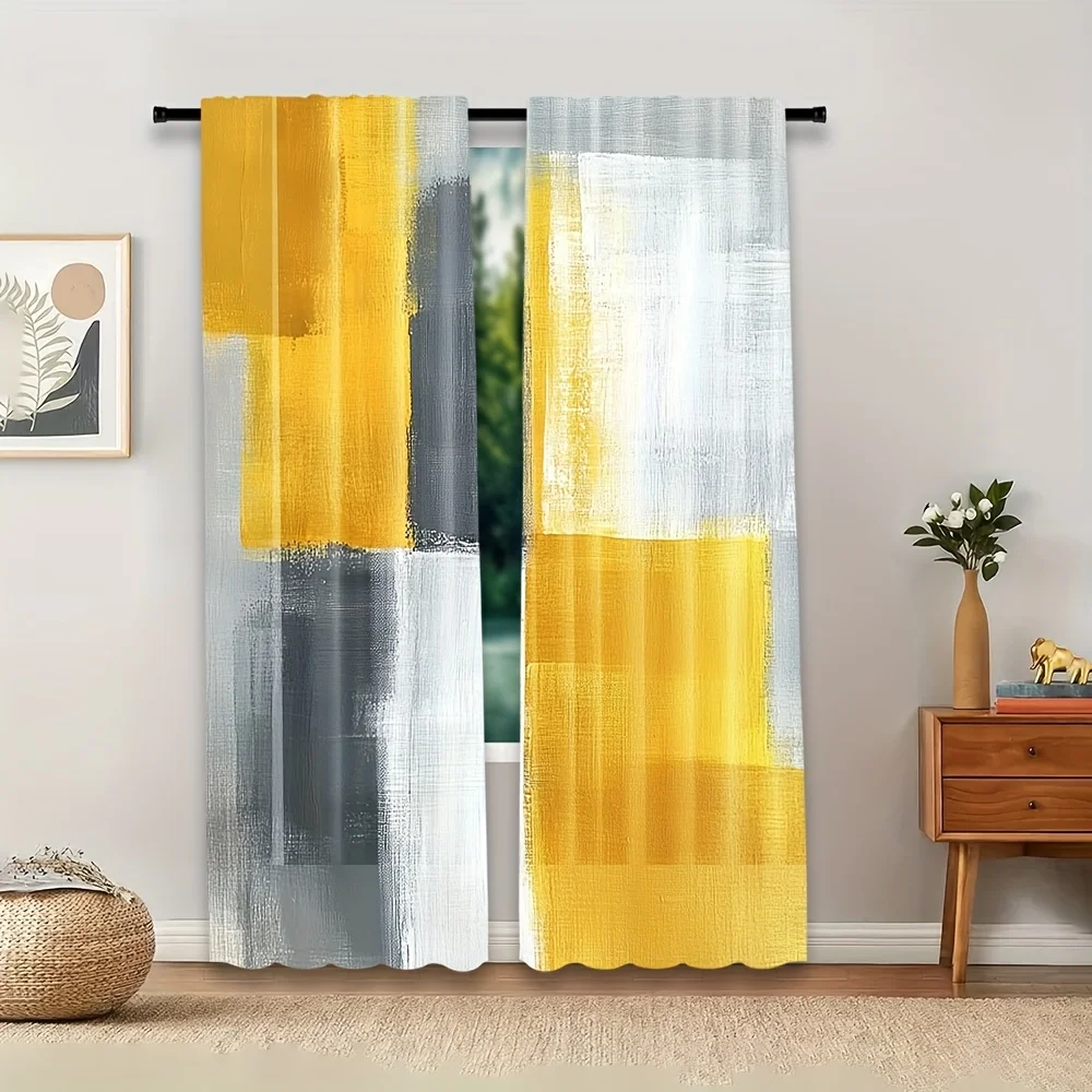 Modern Abstract Yellow Gray White Curtains Pair 2pcs Living Room Bedroom Home Window Drapes Geometric Minimalist Curtain Panels