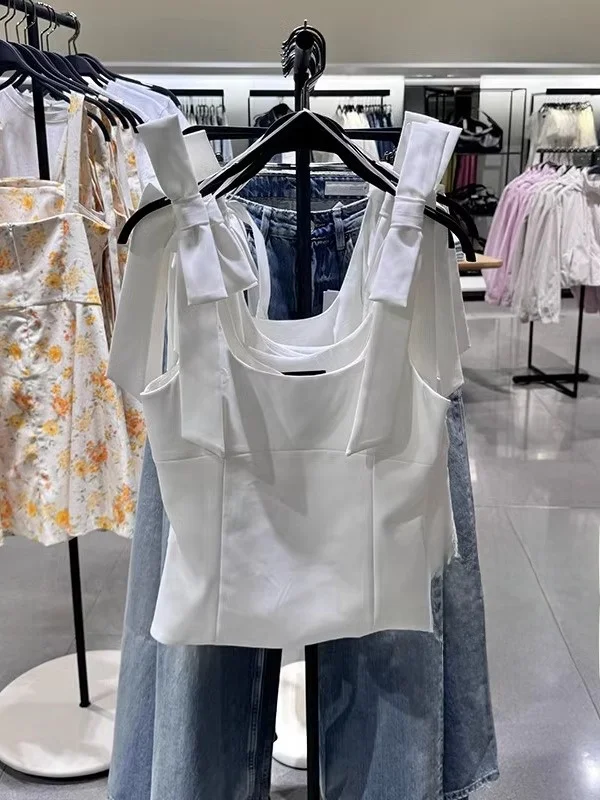 Spring New Sweet Sle Women's Top  Knot Decoration Square Collar Vest ort Length Faionable Casual Wear