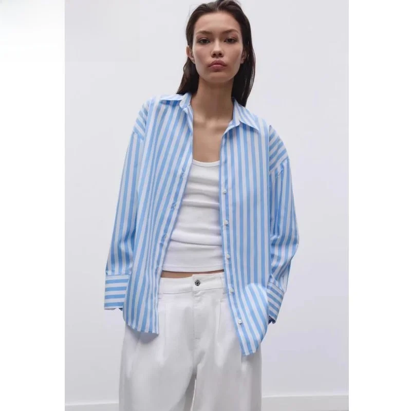 

Spring 2025 Women's Loose Striped Cotton irt Upper Body KISS Brand Commute Sle Regular Sve Long Sve UV Pr...