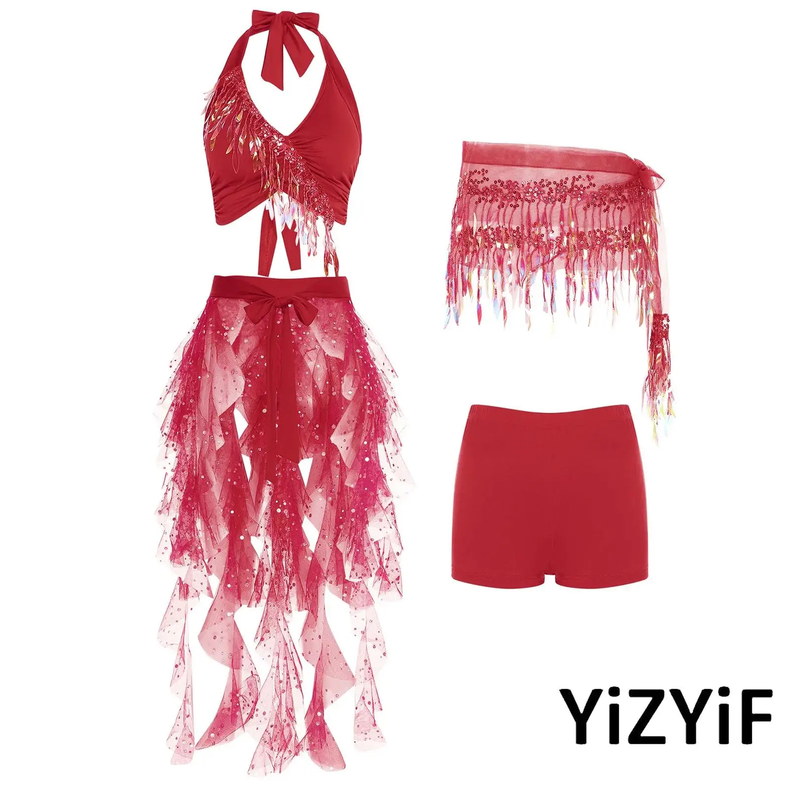 

Women's Radiant Belly Dance Costume Gradient Sequin Crop Top And Cascading Tulle Skirt with Safety Shorts Set Belly Dancewear