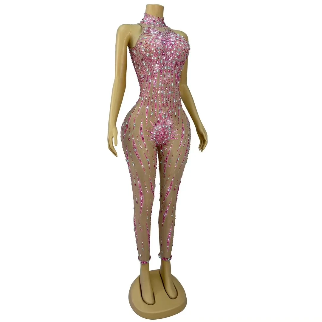 سباركلي الوردي الراين ضيق شبكة بذلة المرأة مثير أكمام أداء ملابس رقص شارع العليا نادي المرحلة ارتداء #2