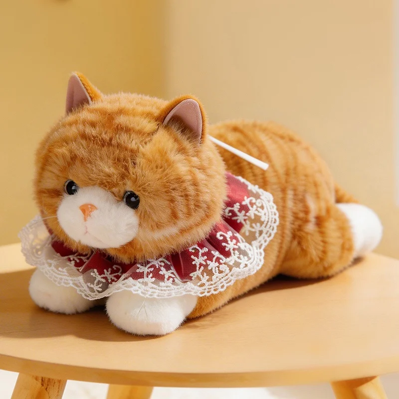 

Soft Fluffy Cat Plush Toy Cute Stuffed Kitten Doll with Lace Bib Ideal for Holiday Presents, Bedroom Decor and Stress Relief.