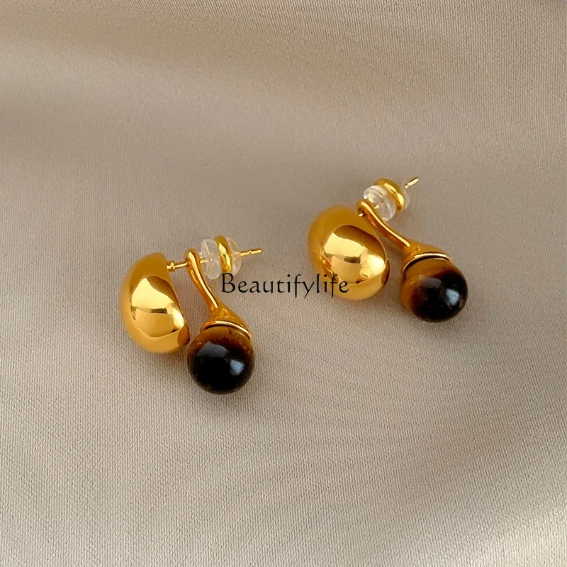 

Maillard temperament tiger's eye stone metal beanie stud earrings rear hanging high-end earrings