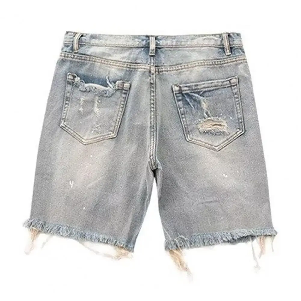 

Men Denim Shorts Button Zipper Fly Shorts Men's Summer Distressed Denim Shorts Straight Fit Ripped Holes Knee Length Jeans