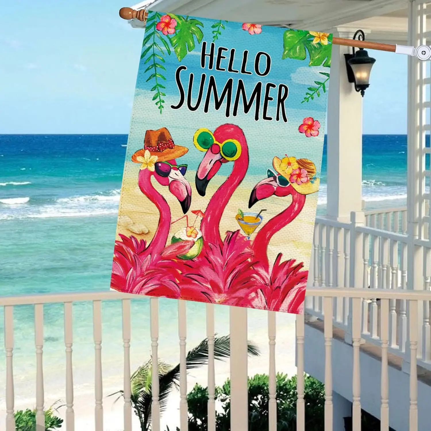 Hello Summer Flamingo Welcome Garden Flag 28 x 40 Inch Double Sided, Ocean Beach Tropical Plant Farmhouse Burlap Large Yard jjp