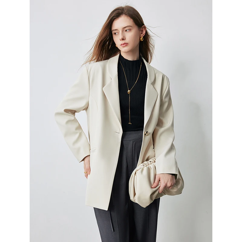 TOYOUTH Women Blazer 2024 Spring New Notched Collar Office Lady Long Sleeve Single-Button Closured Mid-length Casual Ladies Coat