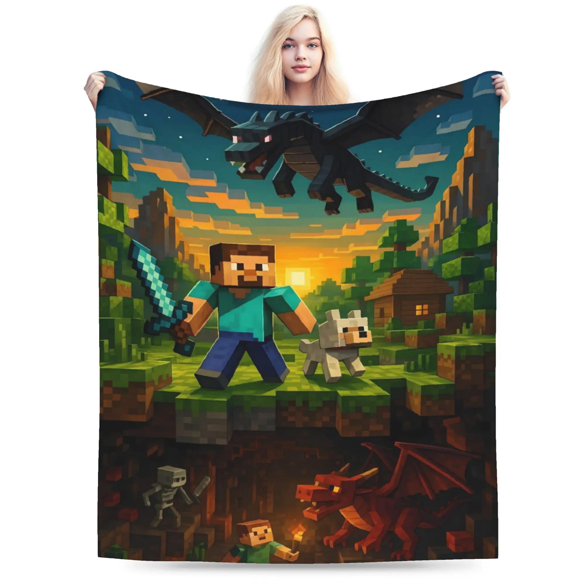 Game M-Minecrafts Flannel Blanket  Super Warm Throw Blanket for Home Decor Travel Fluffy Bedspread Sofa Bed Cover