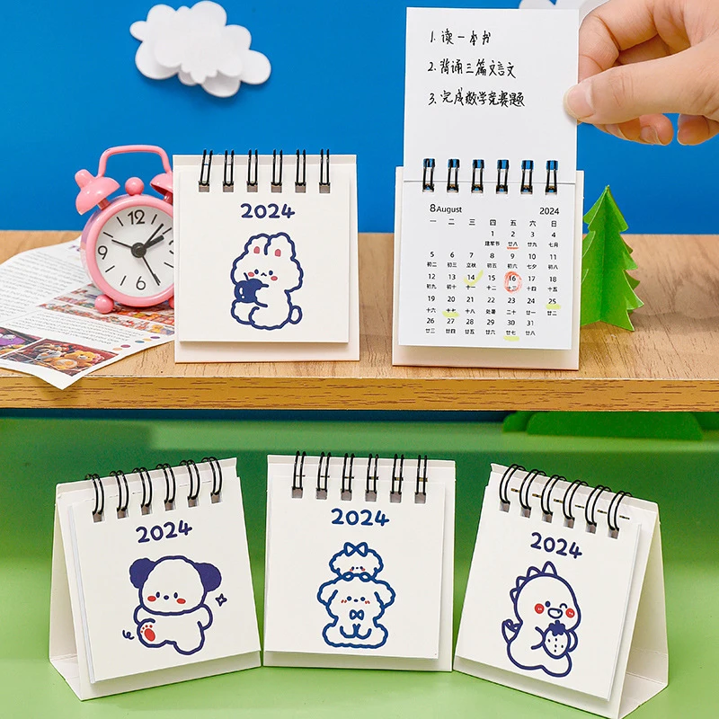 2024 Year Simple Ins Small Desk Calendar Student Desktop Cute Cartoon Dog Rabbit Mini Note Memo Calendar Study Office Calendar