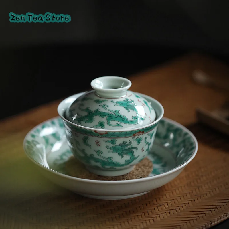 Hand-painted Green Dragon Sancai Cover Bowl Ancient Green Glaze Kung Fu Tea Set Tea Bowl Retro Home Chinese Tea Bowl Single