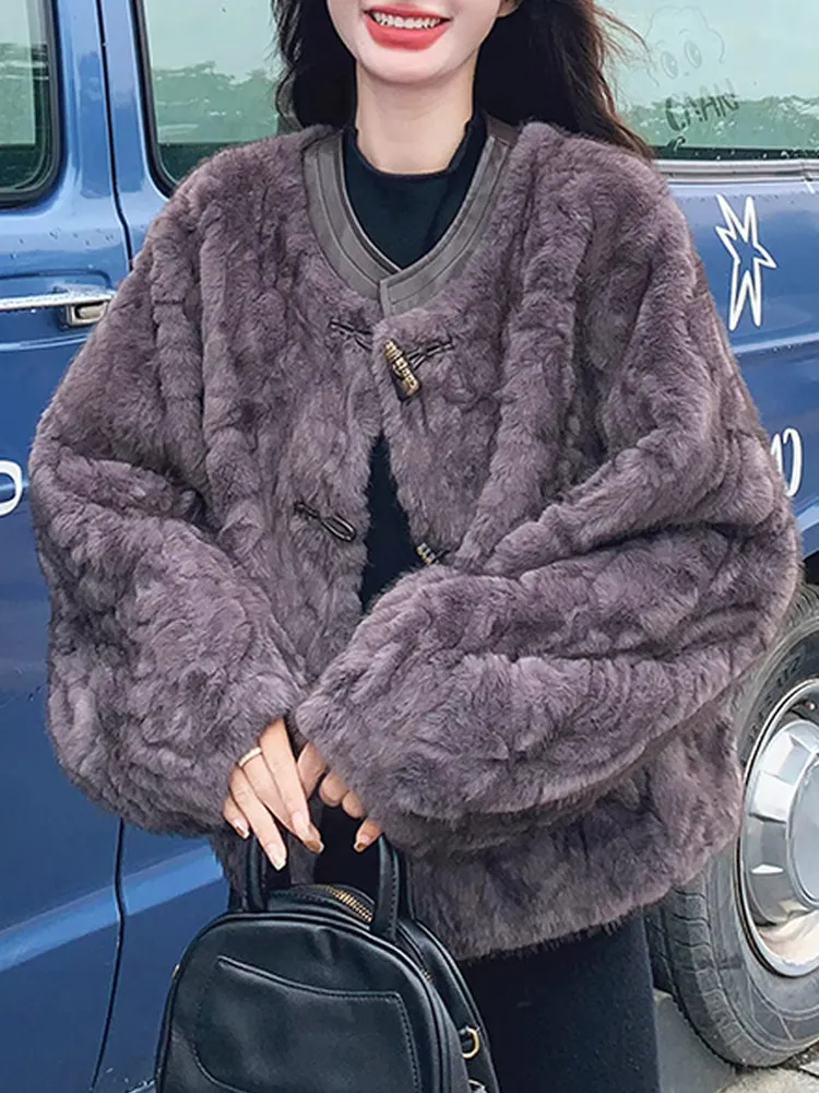 Thiened ort fourrure cuir Jaet femme décontracté ample chaleur petite Fraance Sle boutonné manteau rond Ne Long Sve