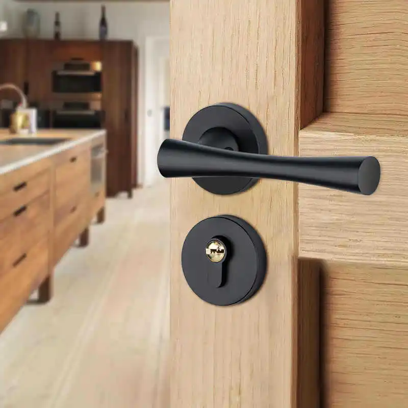 

American modern simple door lock household indoor light luxury black magnetic quiet solid wood door handle