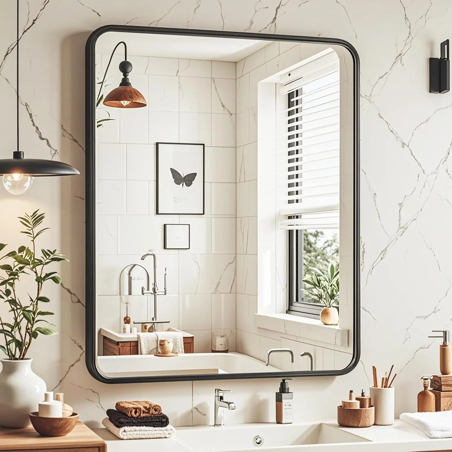 

20x24 Black Rectangle Bathroom Mirror for Over Sink, Shatterproof Tempered Glass, Wall Mounted