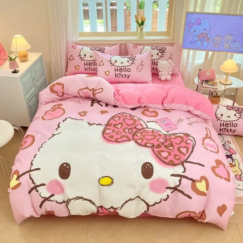 Hello kitty kuromi cartoon character cotton bed four-piece set cute kawaii cotton student dormitory bed sheet four-piece set