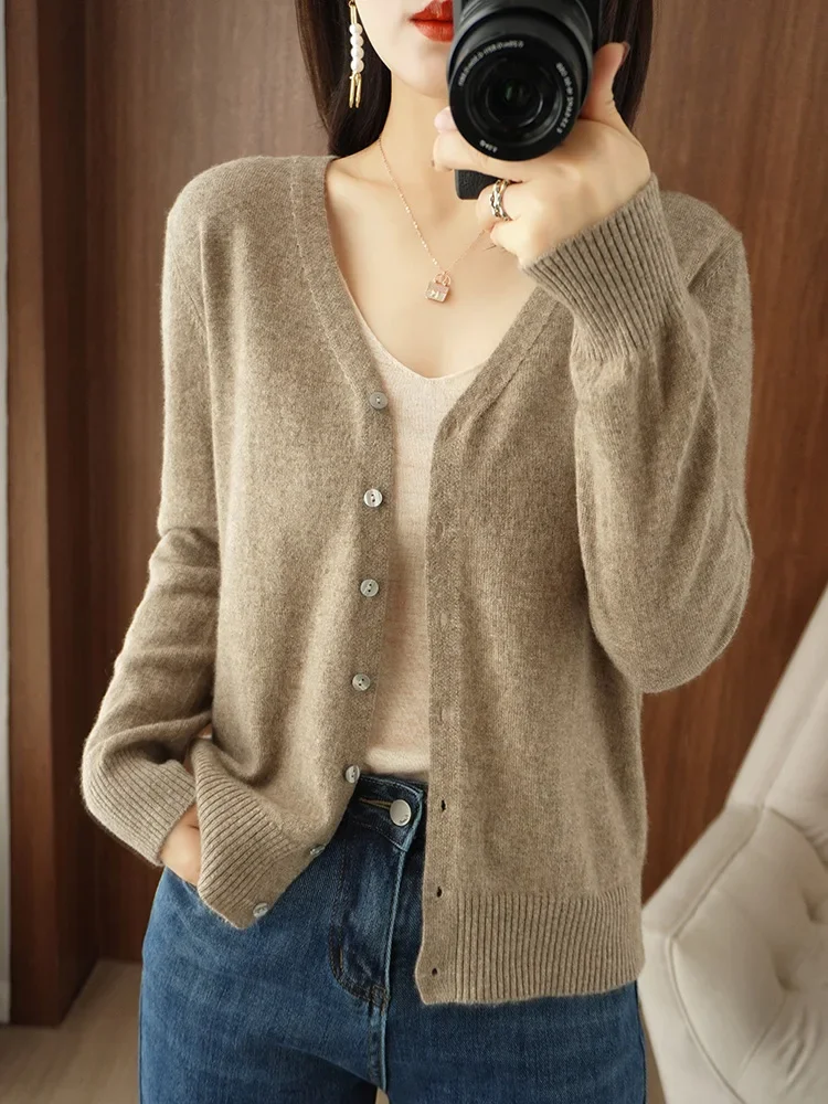 

Pop Fashion Basic Autumn Winter Merino Wool Sweater V-Neck Cashmere Cardigan Solid Color Soft Long Sleeve Basic Clothing Tops