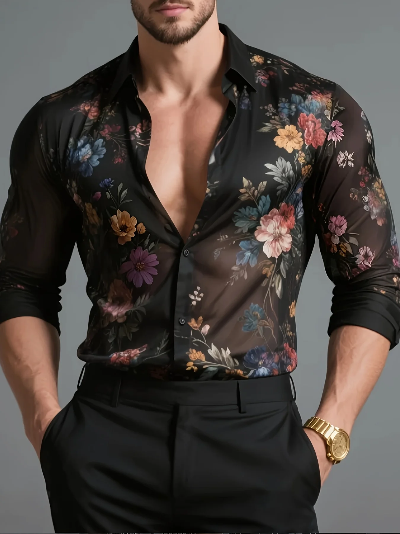 Floral Pattern Button Semi-Transparent Long Sleeve Shirt