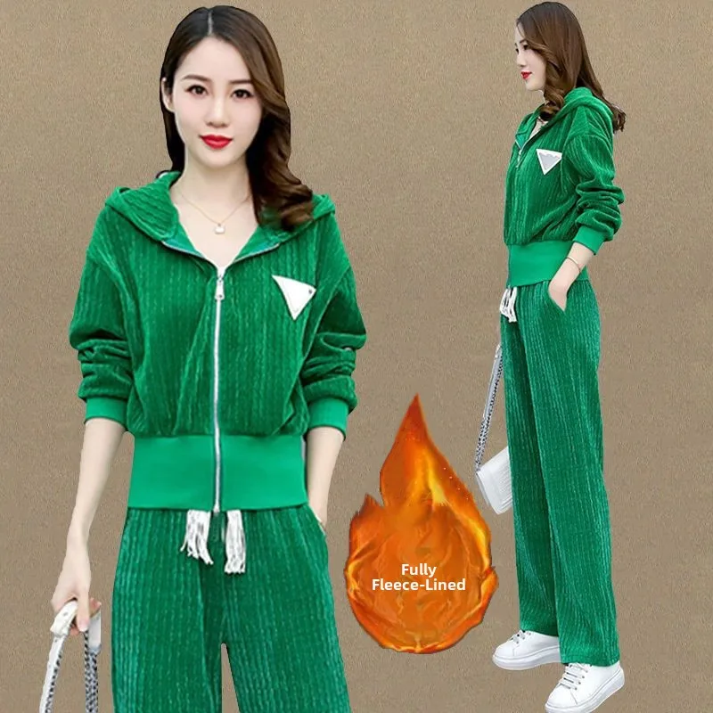 Women's Fleece Lined Corduroy 400g Sportswear Set Hooded Loose Open Cardigan Two Pieces Autumn Winter Casual Sportswear
