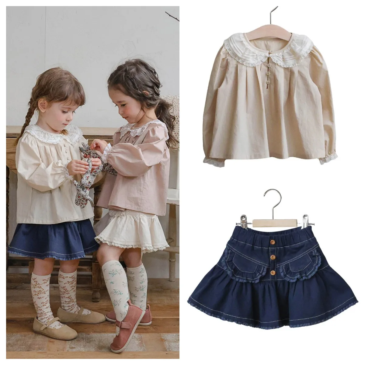 

2025 Autumn New Korean Children's Shirts Todler Kids Girl Lace Doll Collar Long Sleeve Shirt and Denim Skirts