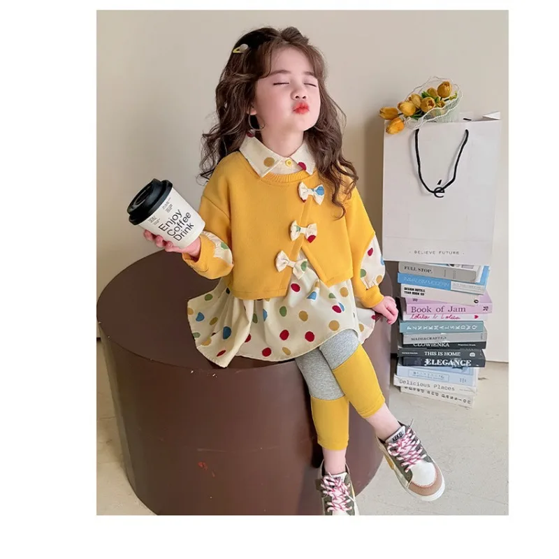 Girls' Colorful Dot Bow Set Spring 2026 New Style Children's Elegant Campus Leisure Two Piece Set Children's Wear