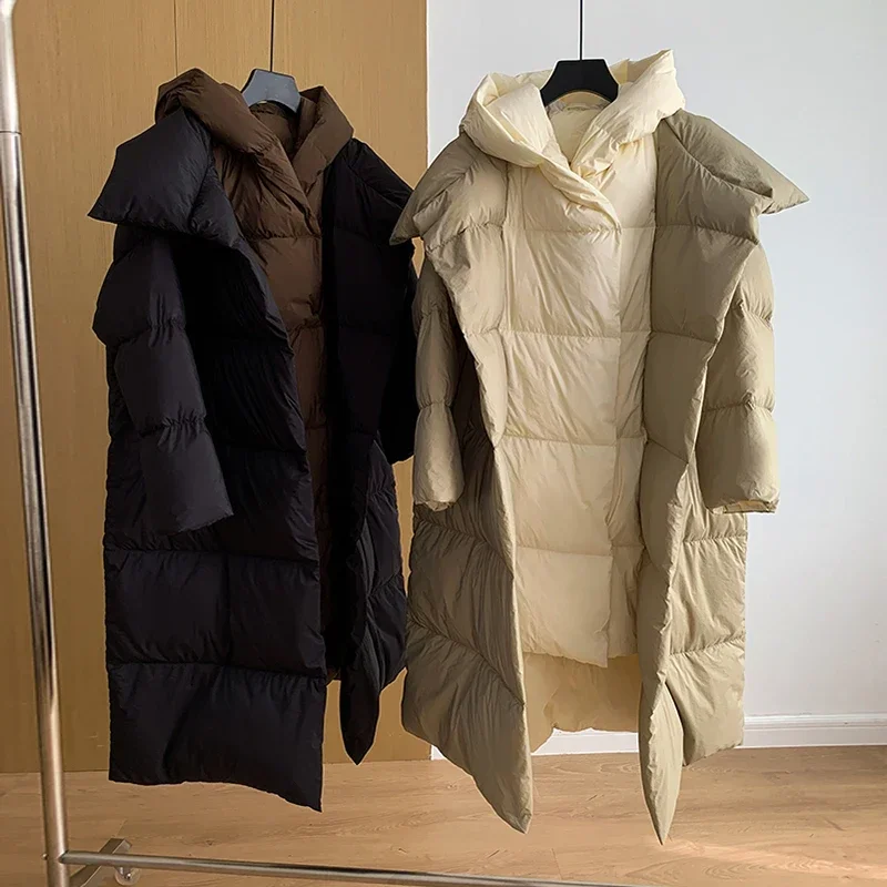 Abrigo de invierno de dos piezas falso con contraste para mujer, Parkas largas con capucha, chaqueta de plumón de pato blanca cálida y gruesa con