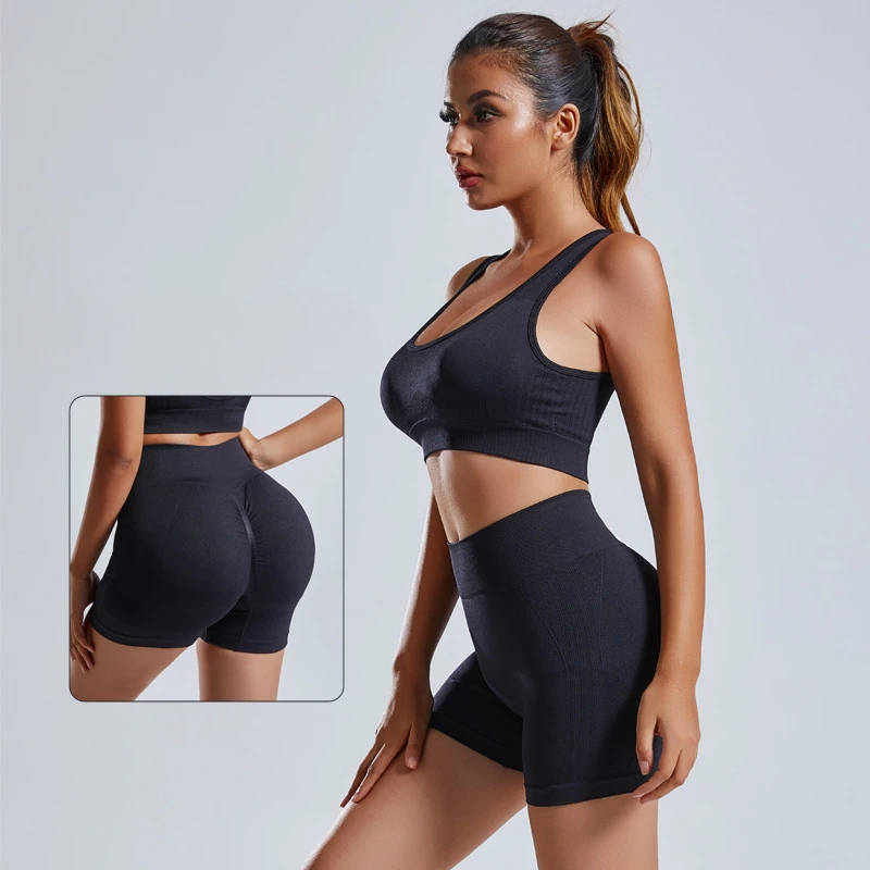 2 Piece Set Seamless Yoga Suit Sports Underwear Peach Hip Fitness Gym Yoga Crop Top Bra and Shorts Set Workout Clothes for Women